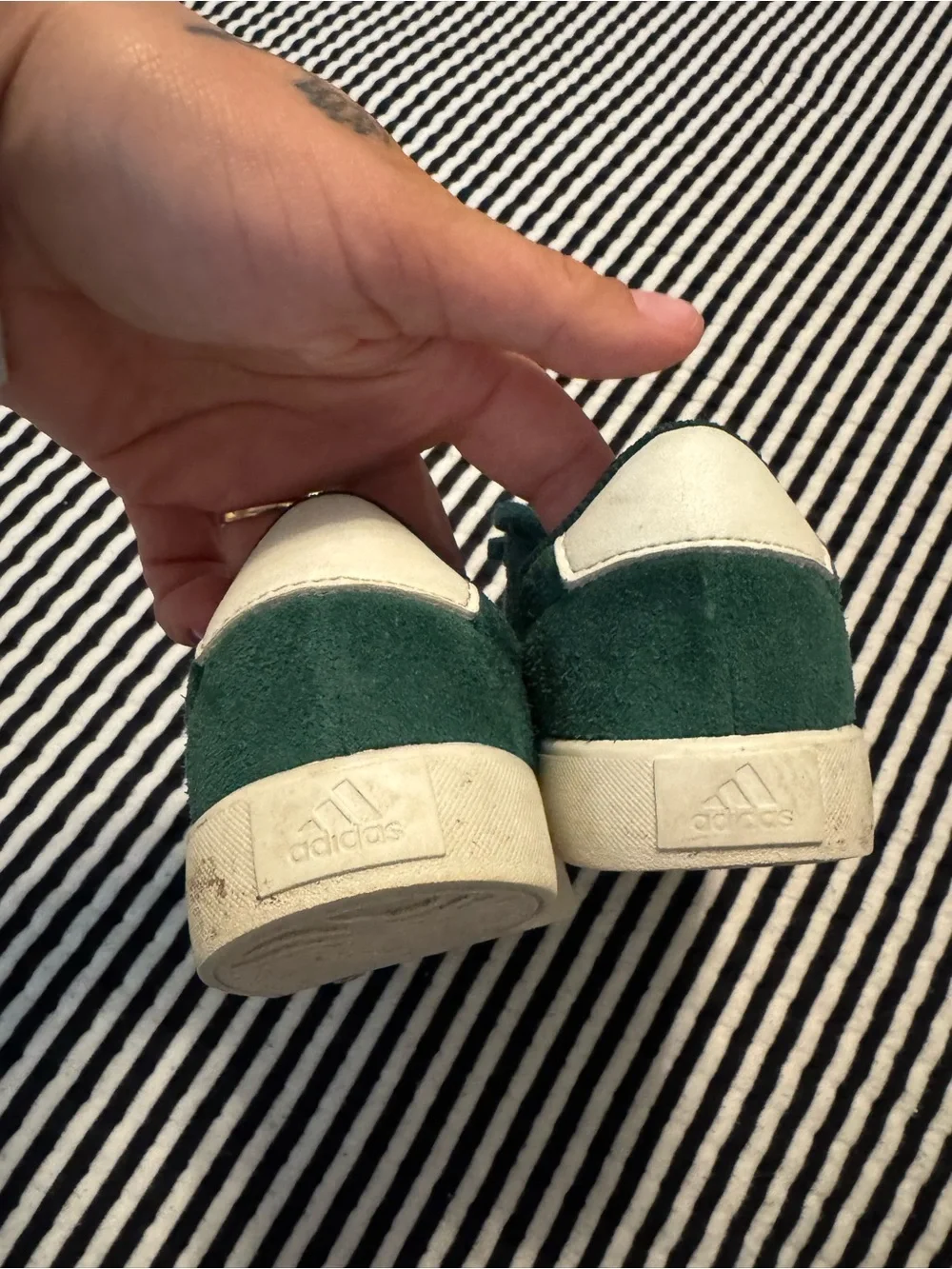 adidas Kids Dark Green Suede Sneakers with White Stripes